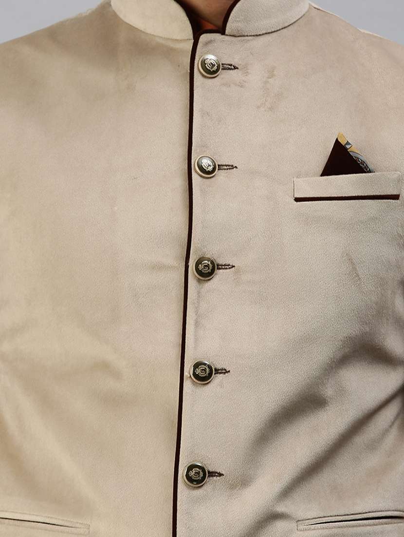 beige solid nehru jacket - 18285458 - Standard Image - 4