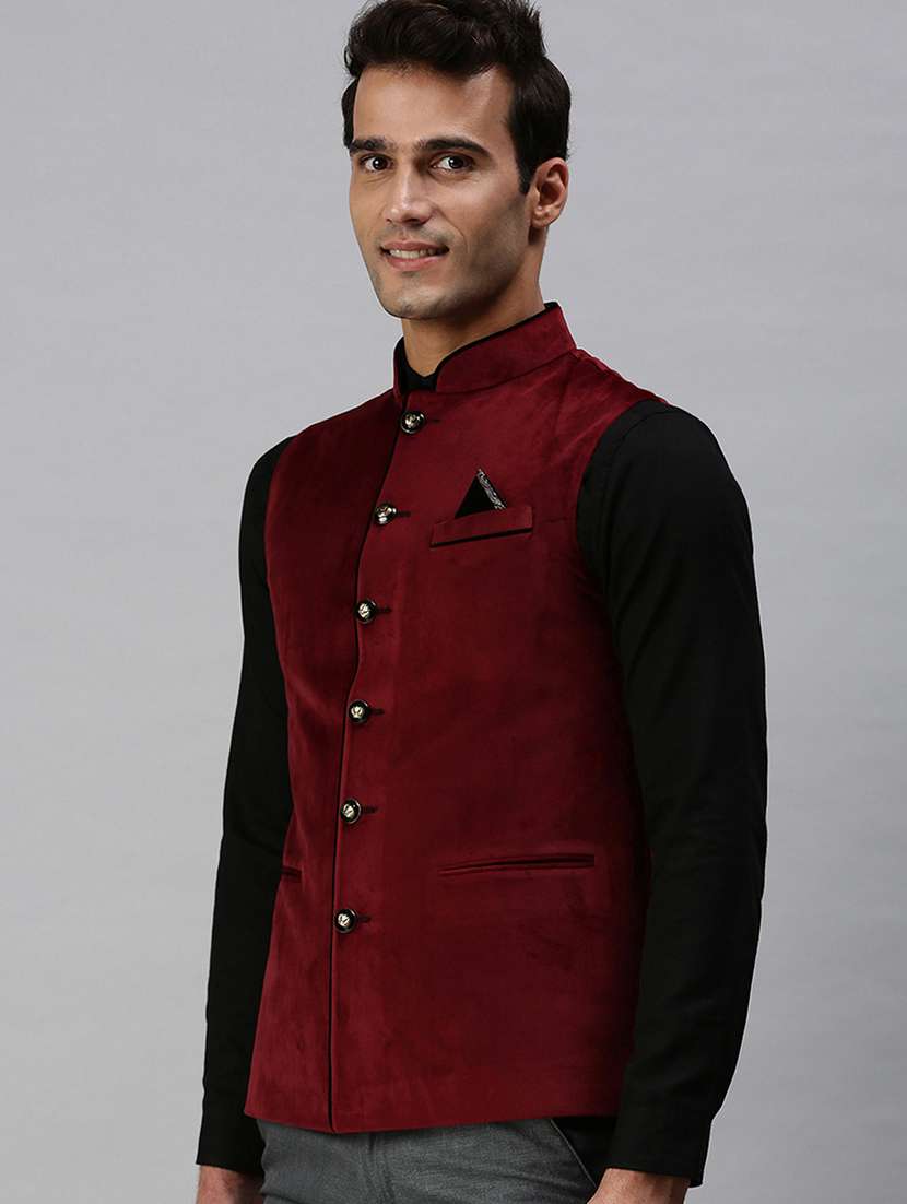 maroon solid nehru jacket - 18285459 -  Standard Image - 1