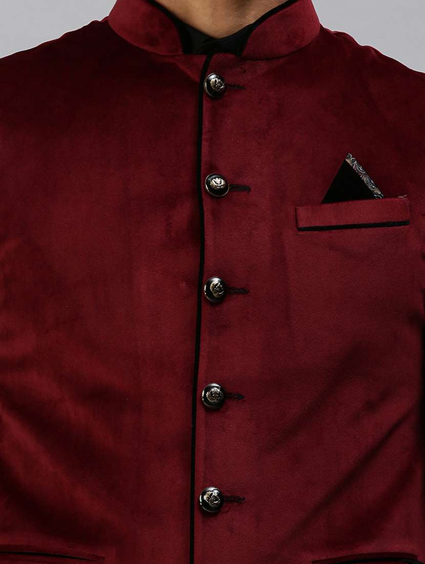 maroon solid nehru jacket - 18285459 -  Standard Image - 4