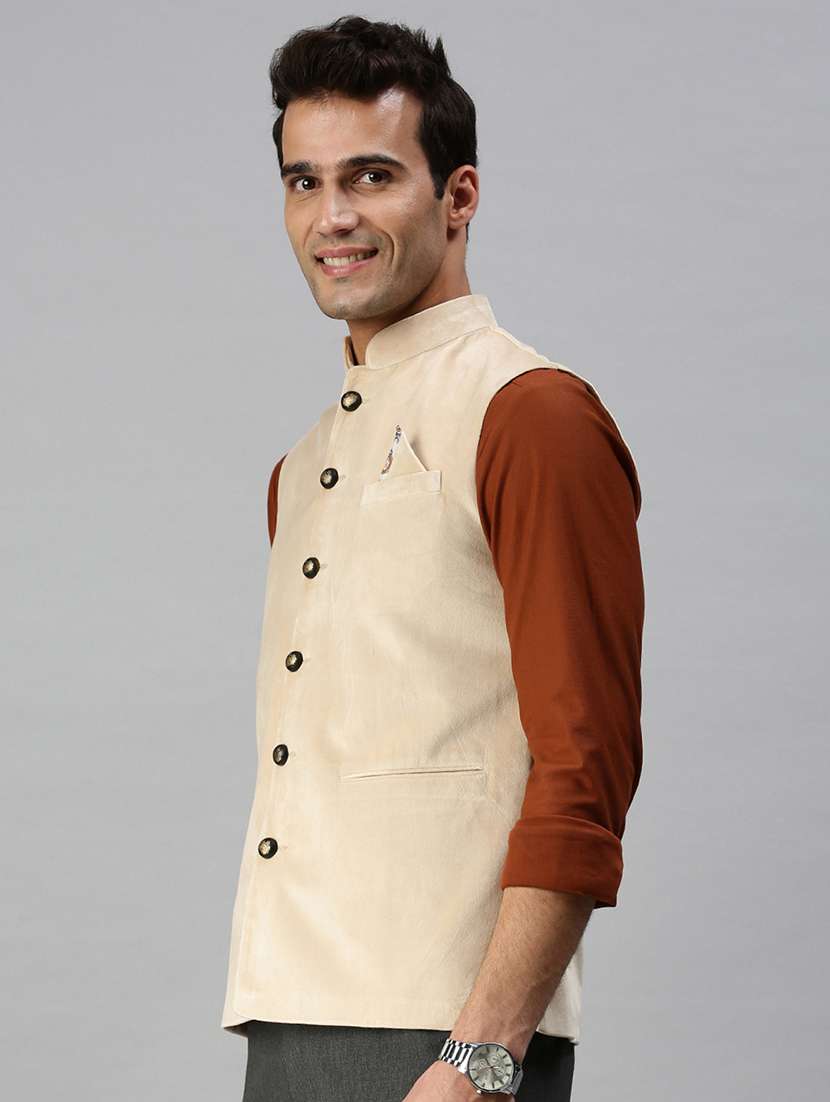 beige solid nehru jacket - 18285460 -  Standard Image - 1