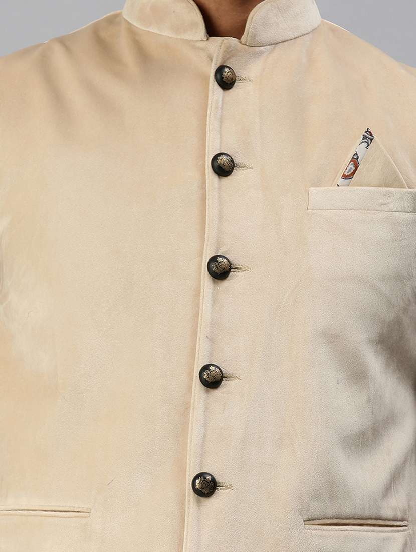 beige solid nehru jacket - 18285460 -  Standard Image - 4