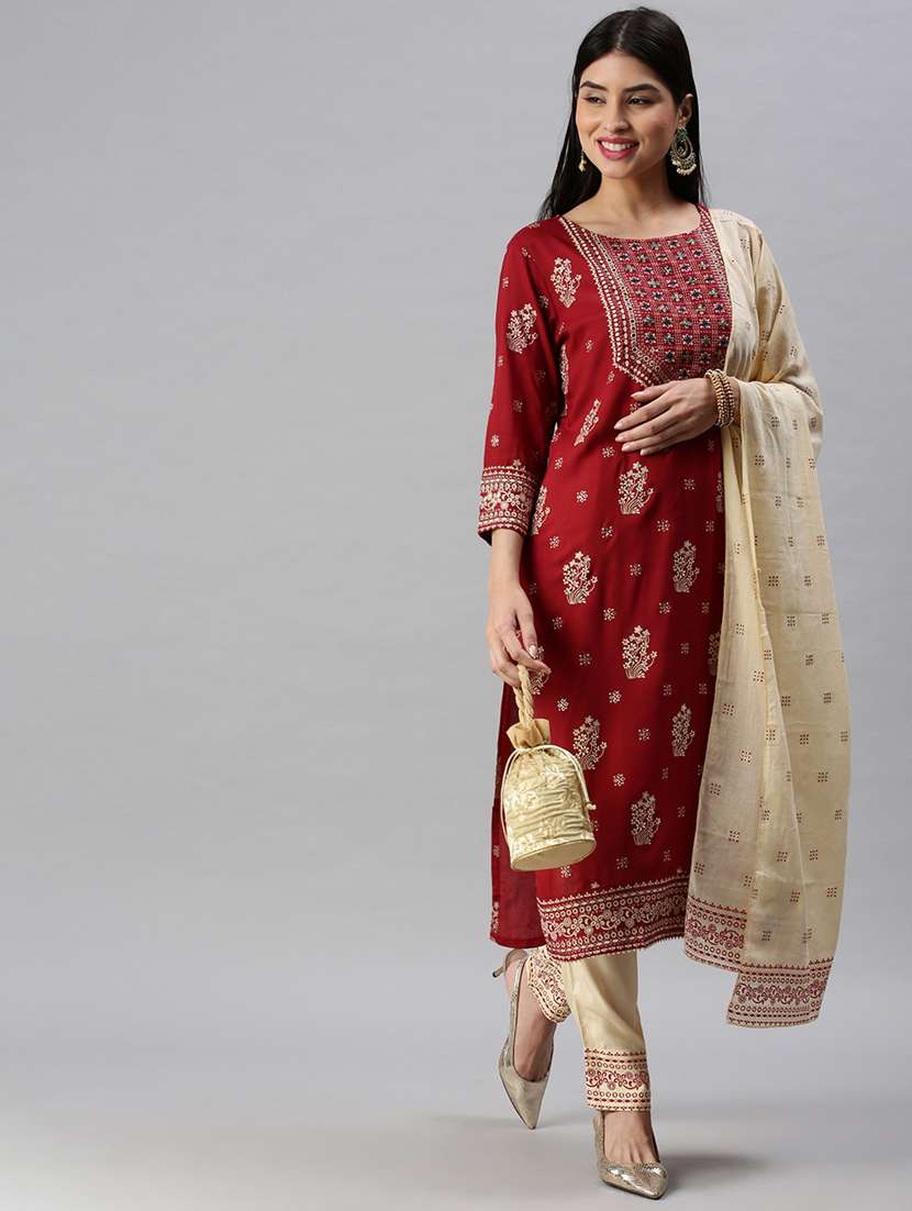 red cotton blend kurta dupatta  set