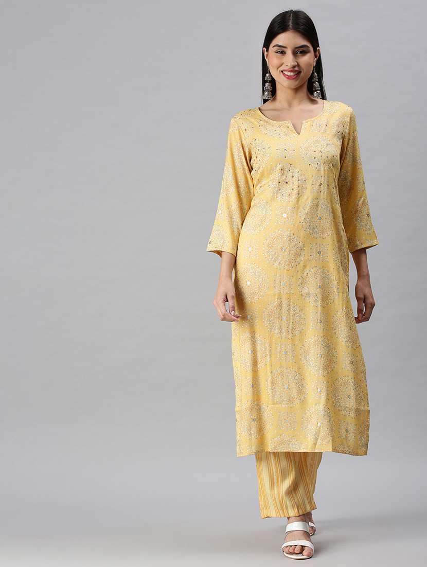 yellow cotton blend kurta pant  set