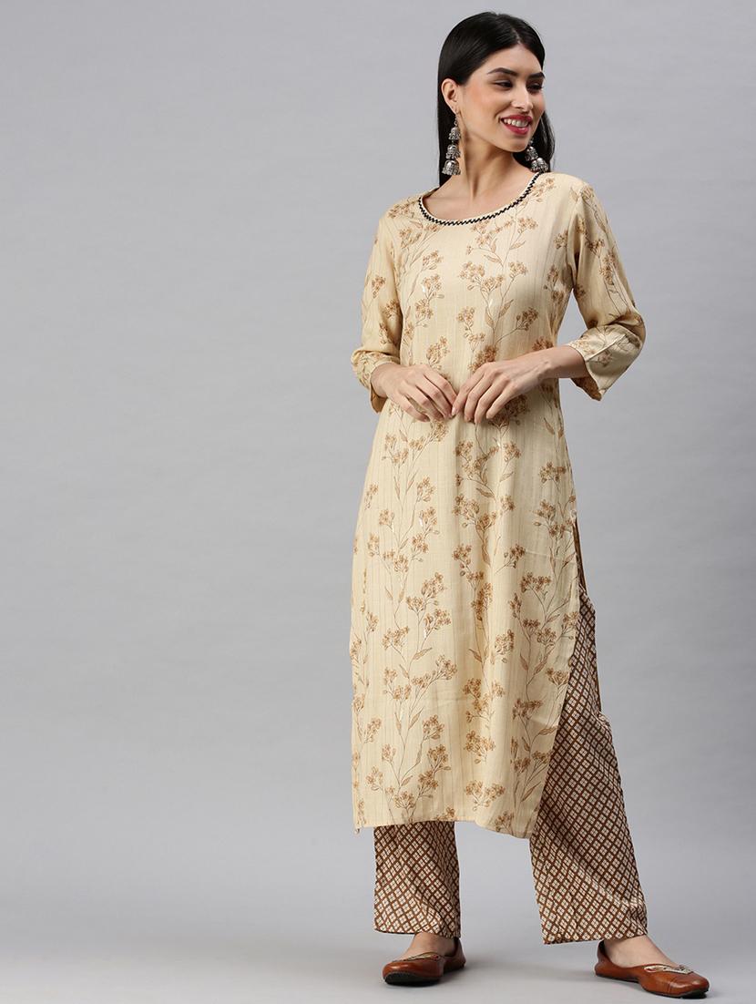 women beige floral printed kurta palazzo set - 18285565 - Zoom Image - 0