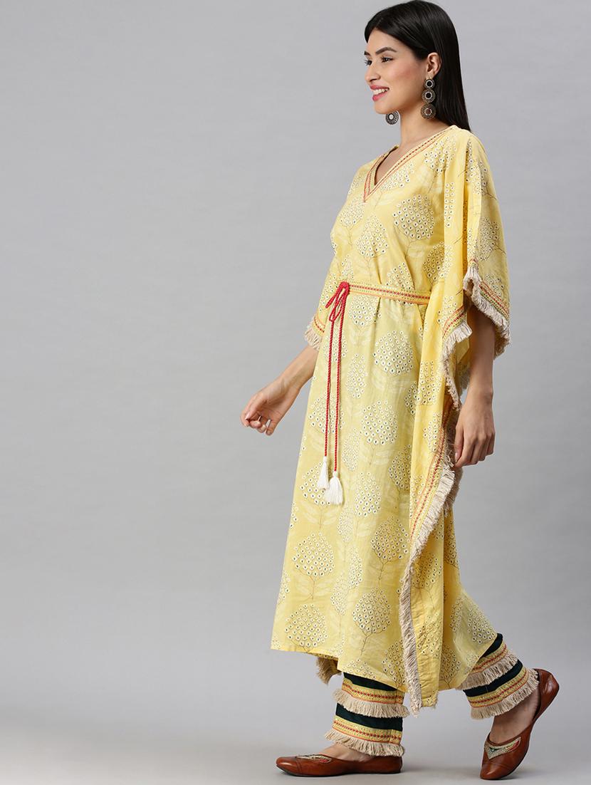 women yellow printed v neck kaftan set - 18285566 -  Standard Image - 1