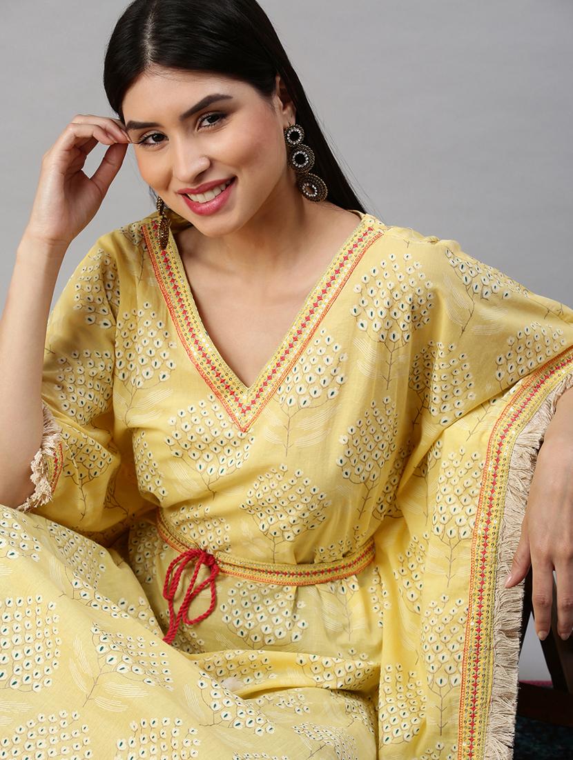 women yellow printed v neck kaftan set - 18285566 - Standard Image - 4