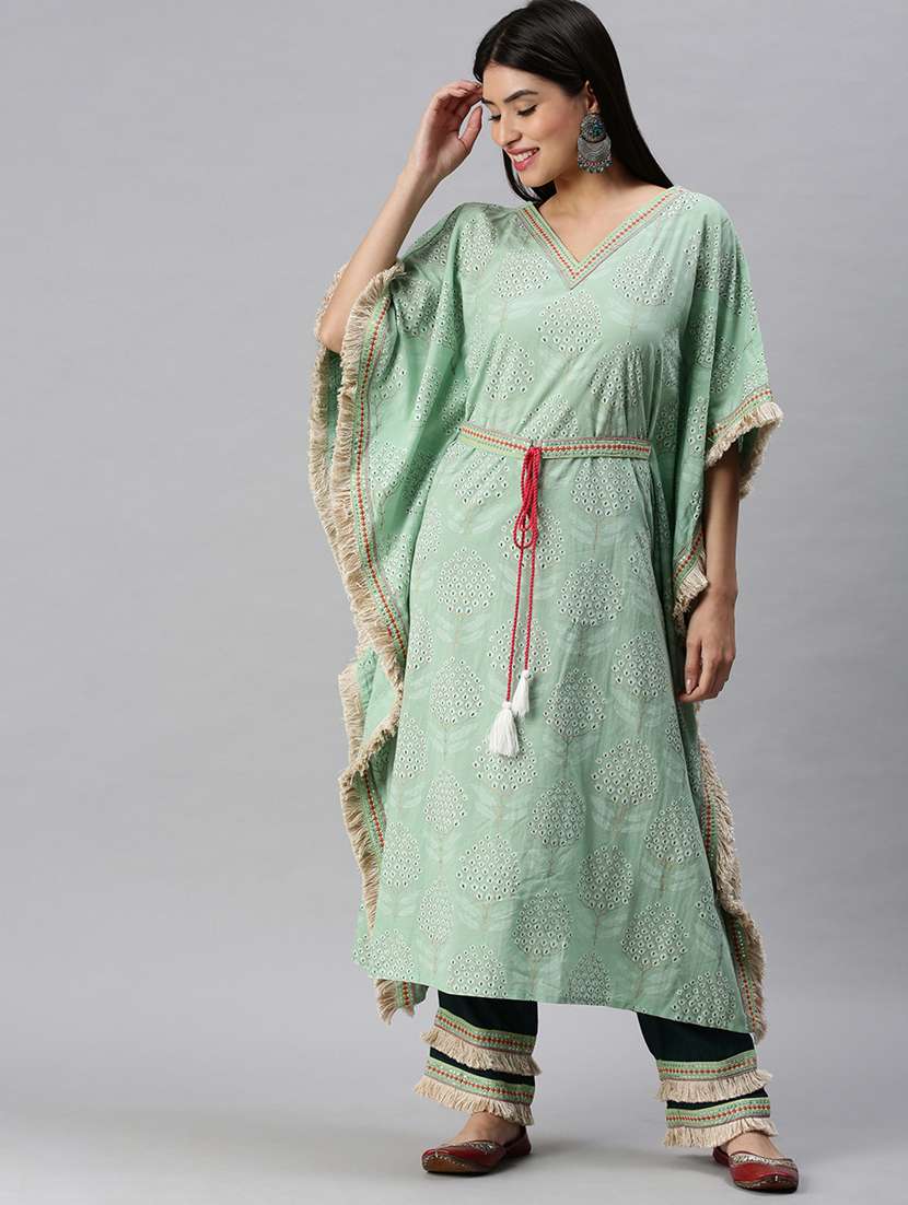 women green printed v neck kaftan set