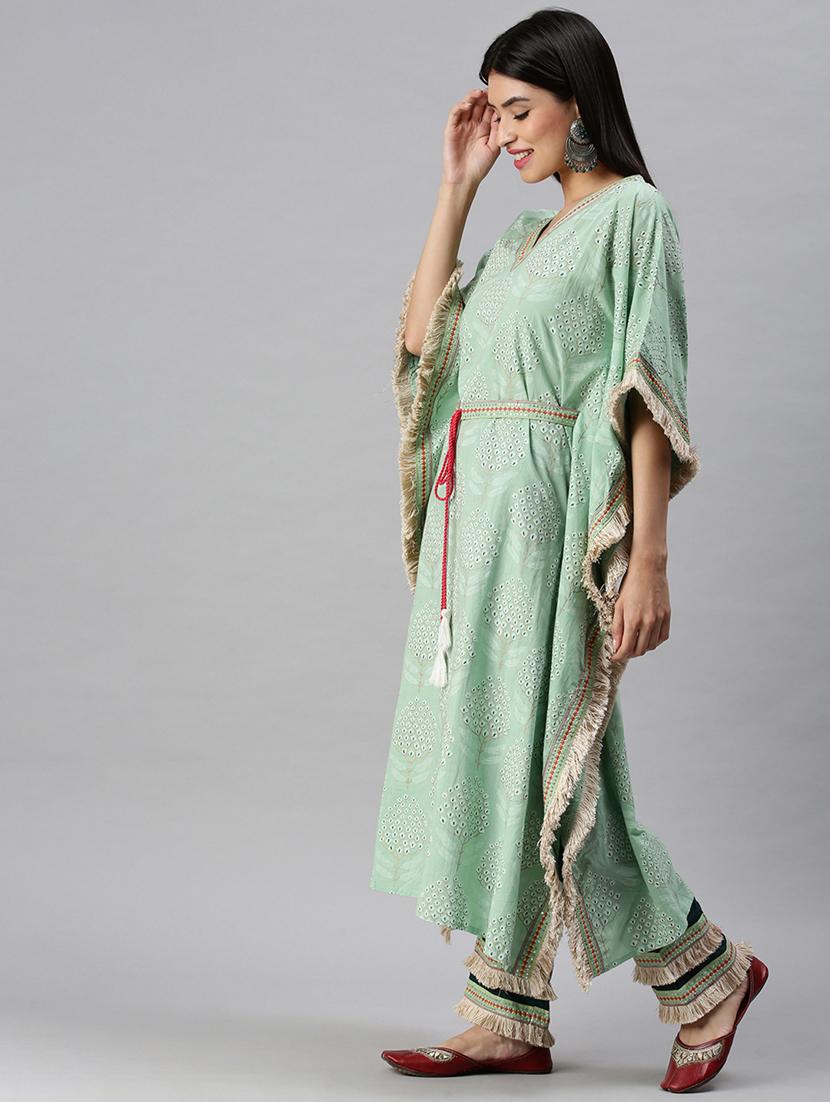 women green printed v neck kaftan set - 18285567 - Standard Image - 1