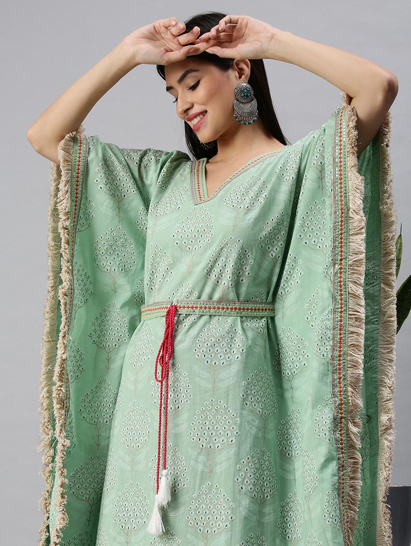 women green printed v neck kaftan set - 18285567 - Standard Image - 4