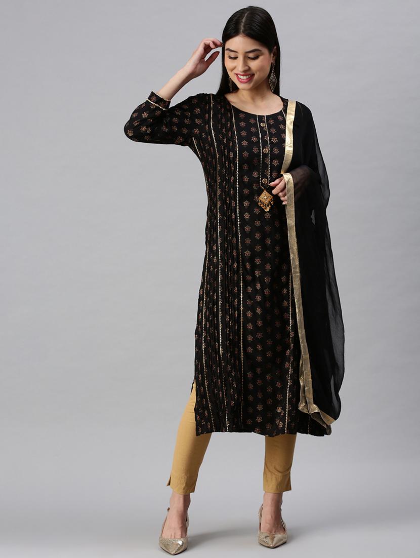 women foil print kurta pant set with dupatta