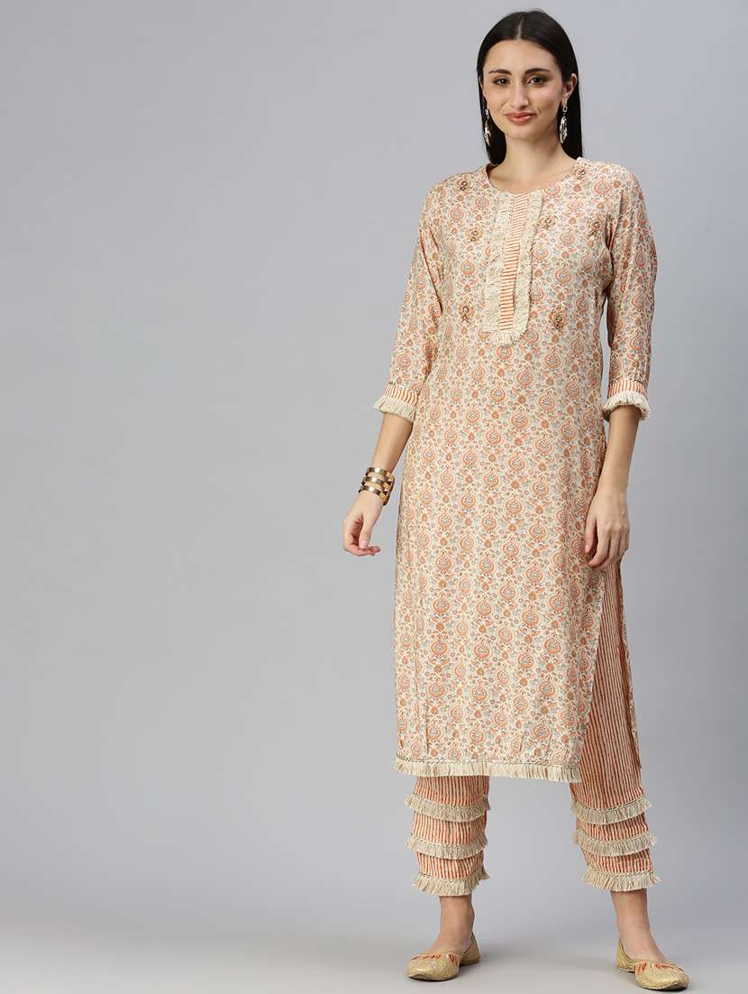 women beige printed round neck kurta pant set