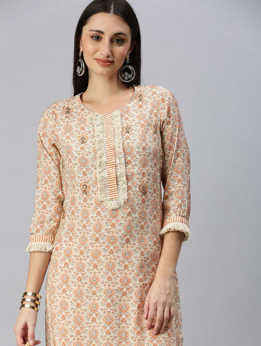 women beige printed round neck kurta pant set - 18285587 -  Standard Image - 4
