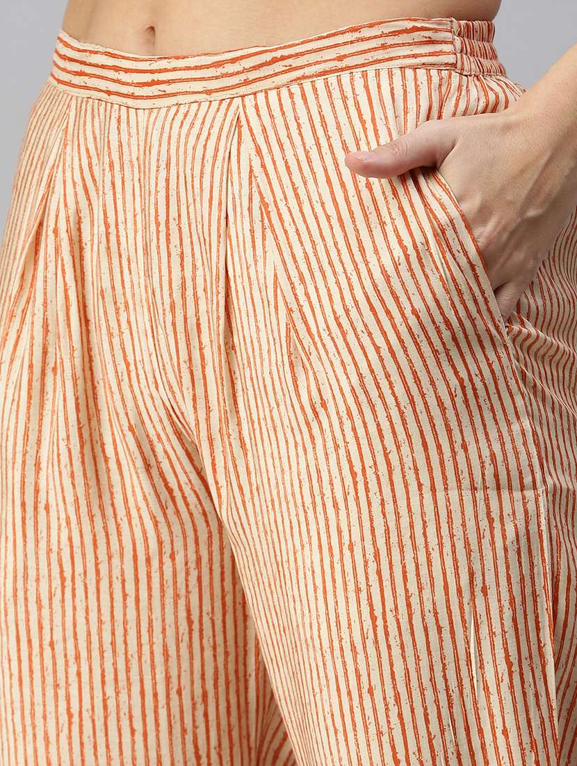 women beige printed round neck kurta pant set - 18285587 -  Standard Image - 6