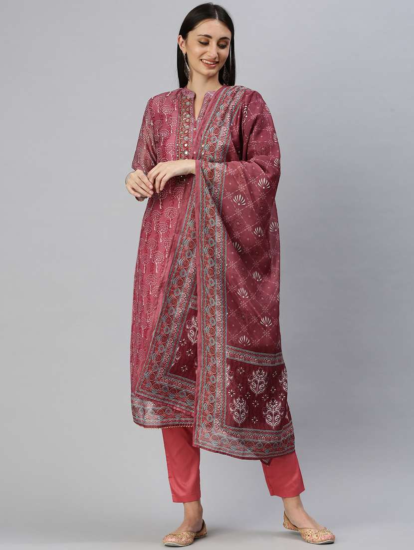 women printed three quarter sleeve kurta pant with dupatta set