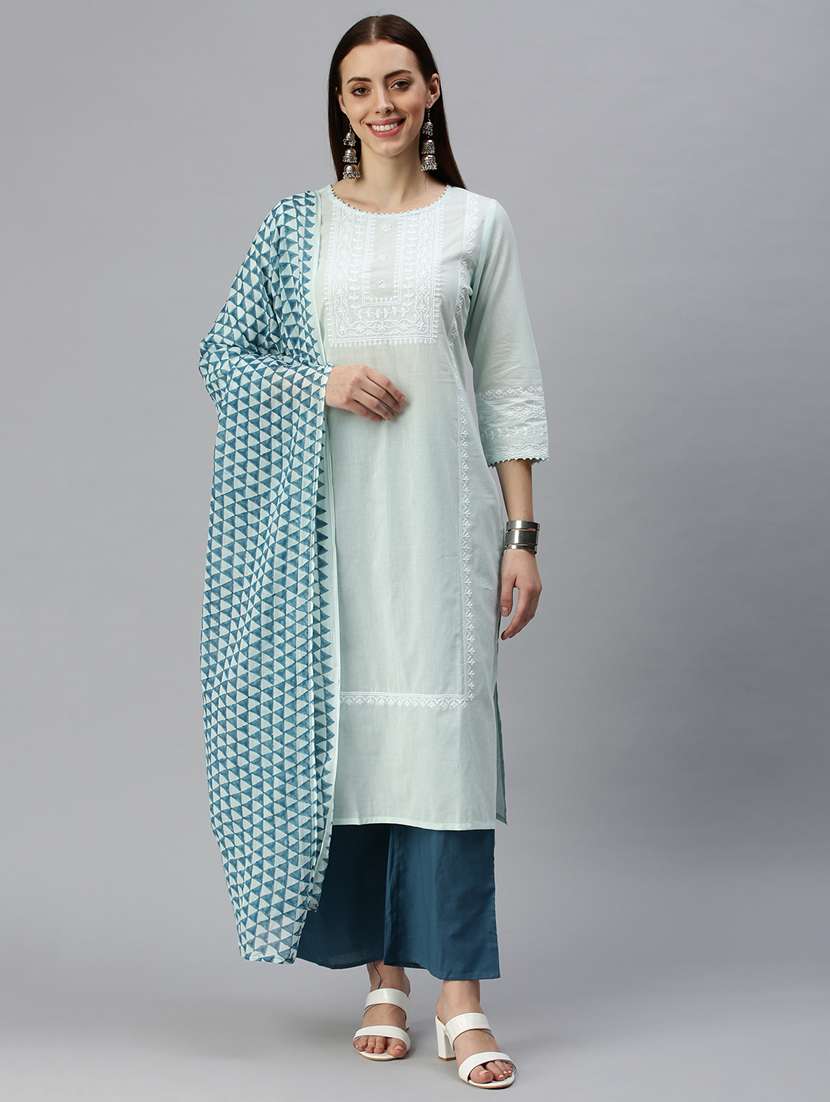 blue cotton blend kurta dupatta  set