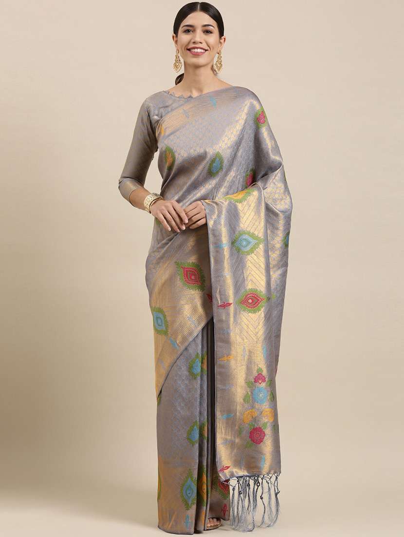 grey floral print woven saree with blouse