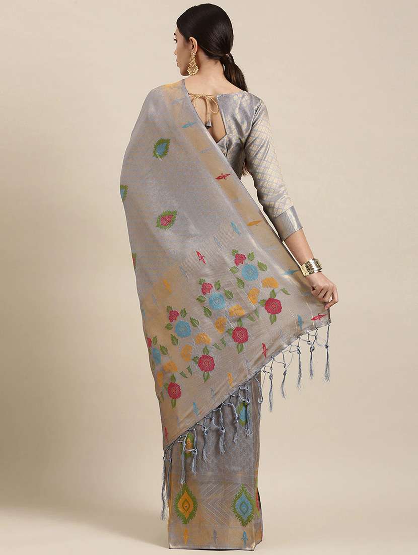 grey floral print woven saree with blouse - 18287051 -  Standard Image - 1