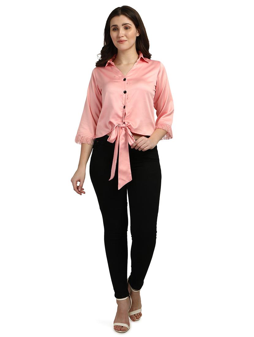 tie front solid shirt - 18287145 - Standard Image - 4