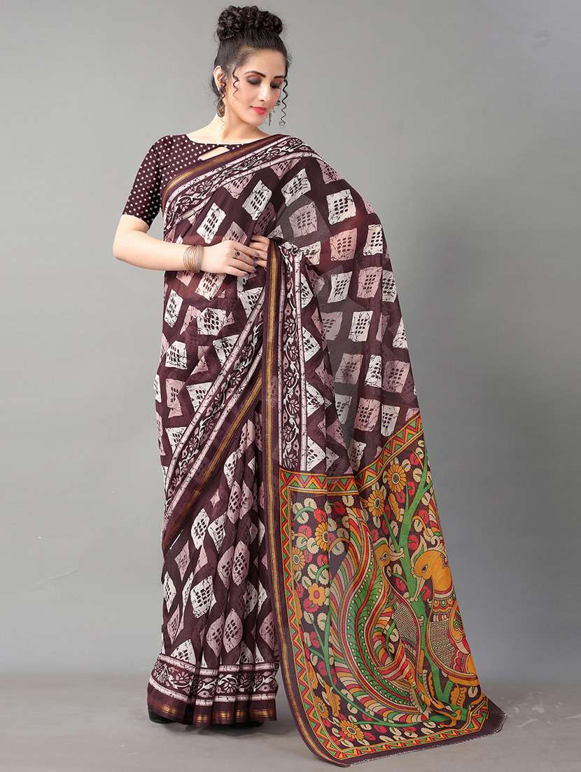 brown cotton blend printed saree with blouse - 18287206 - Standard Image - 1