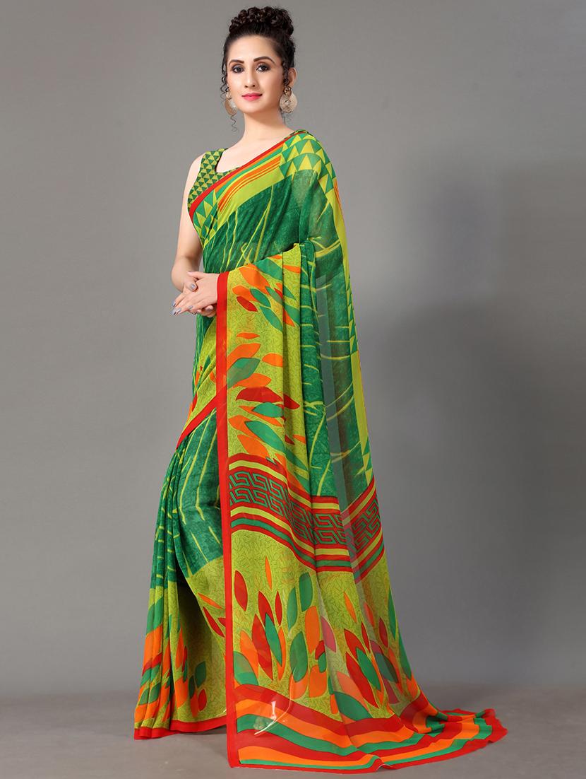 green georgette printed saree with blouse - 18287238 - Standard Image - 1