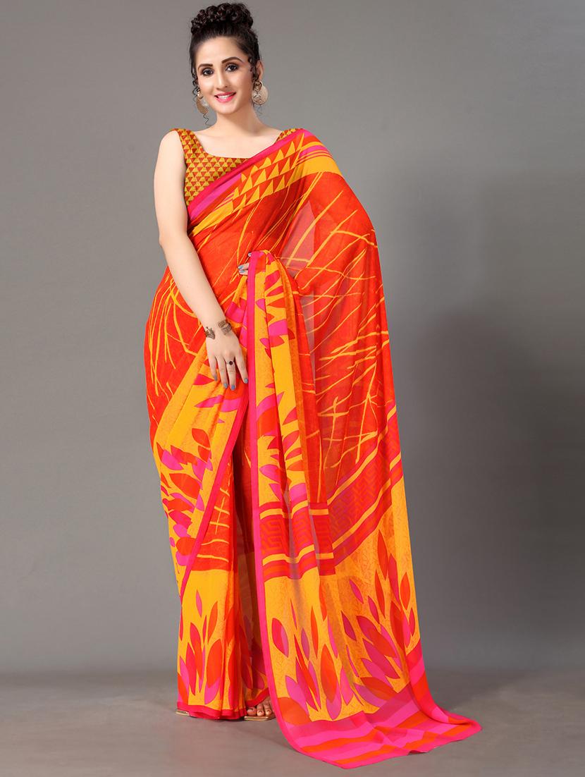 orange georgette printed saree with blouse - 18287239 - Standard Image - 1