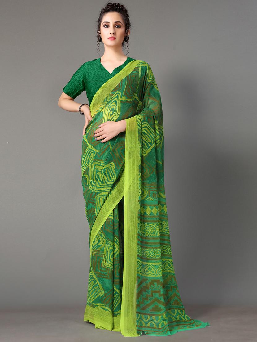 green georgette printed saree with blouse - 18287242 -  Standard Image - 1