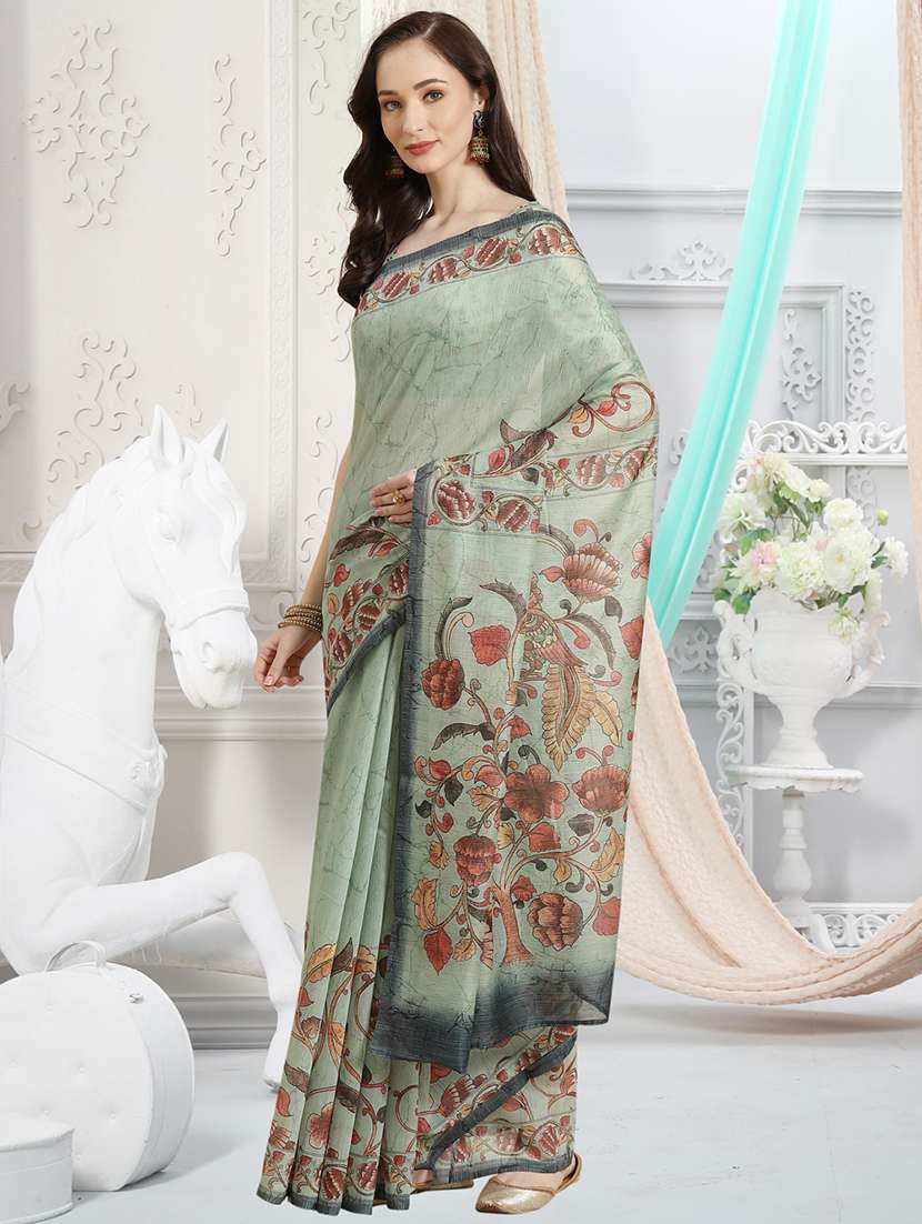 green chanderi printed saree with blouse