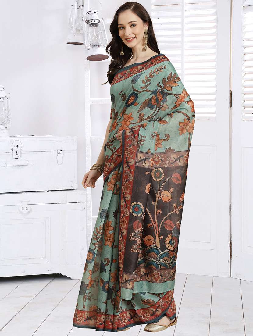 green chanderi printed saree with blouse