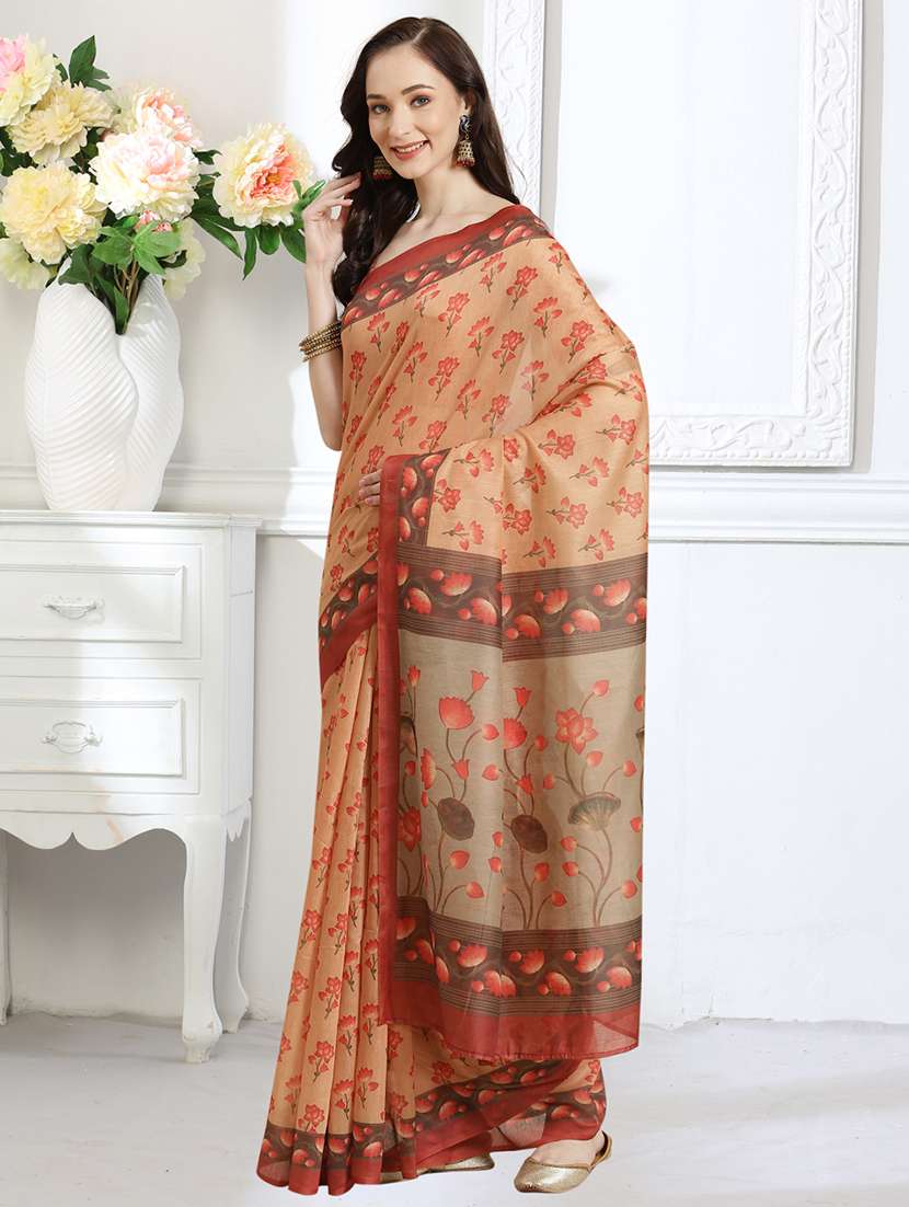 orange chanderi printed saree with blouse