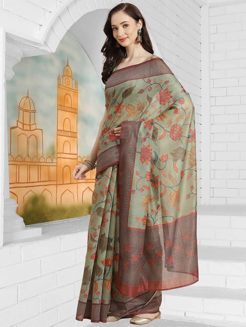 green chanderi printed saree with blouse