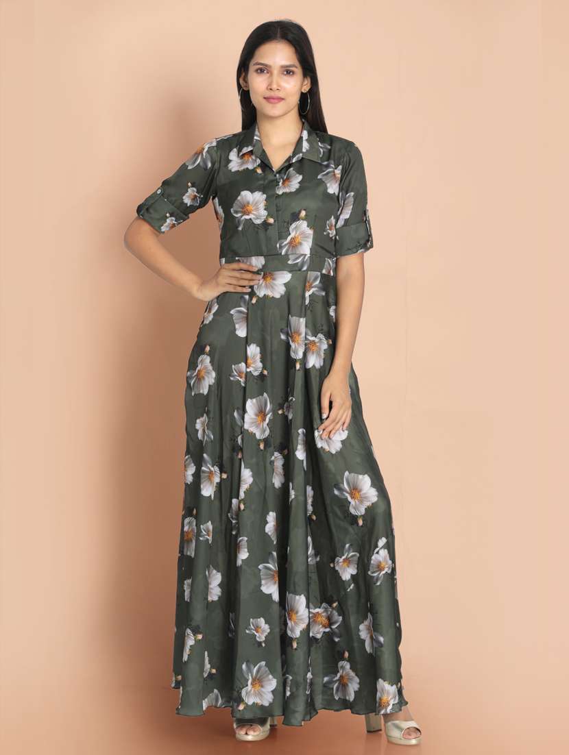 green printed a-line ethnic dress
