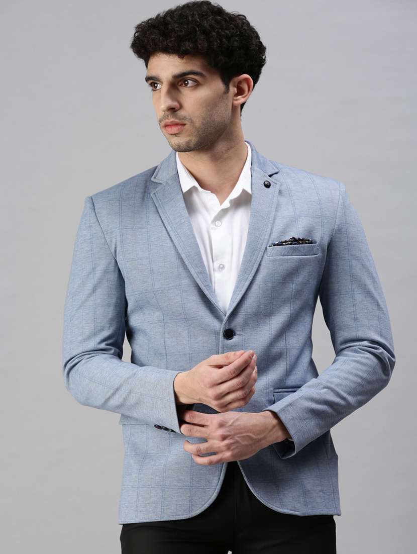 blue solid single breasted casual blazer