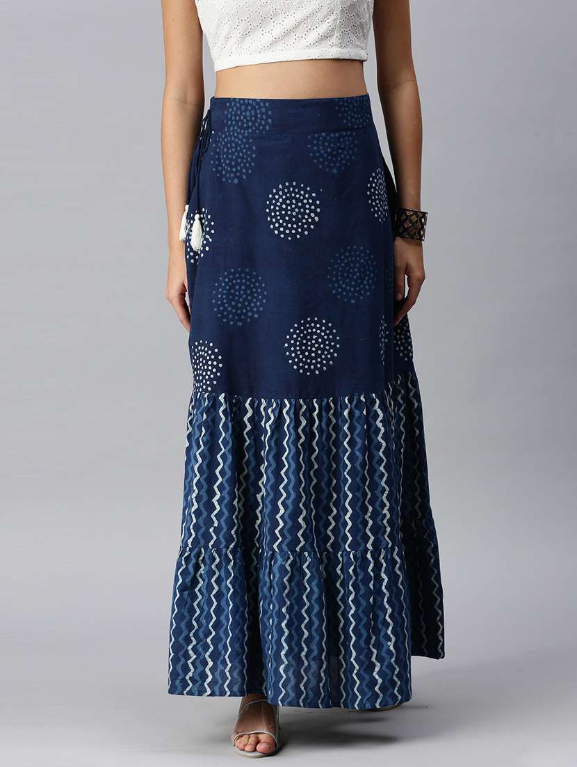 blue printed a-line skirt