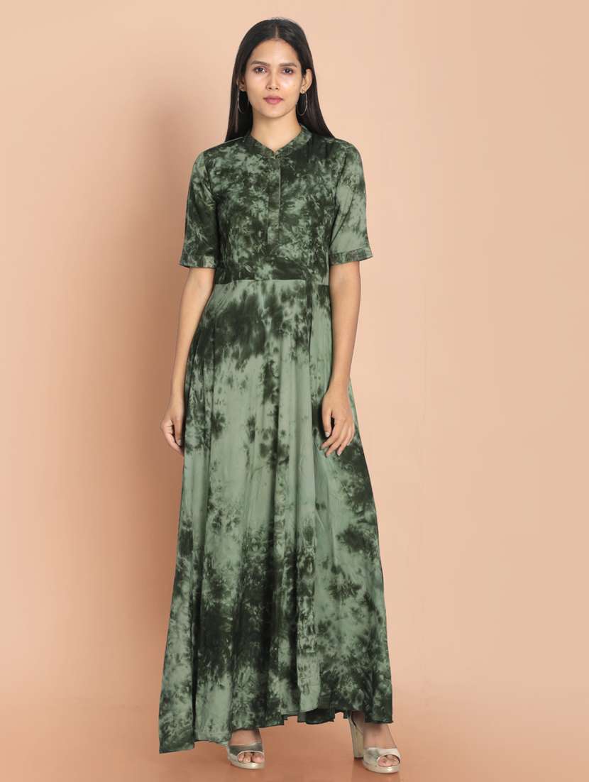 green printed a-line gown