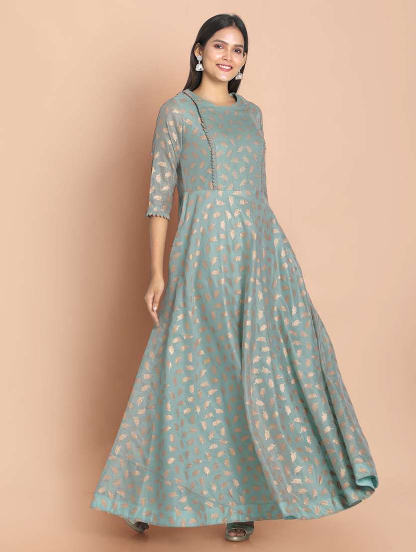 green printed a-line gown