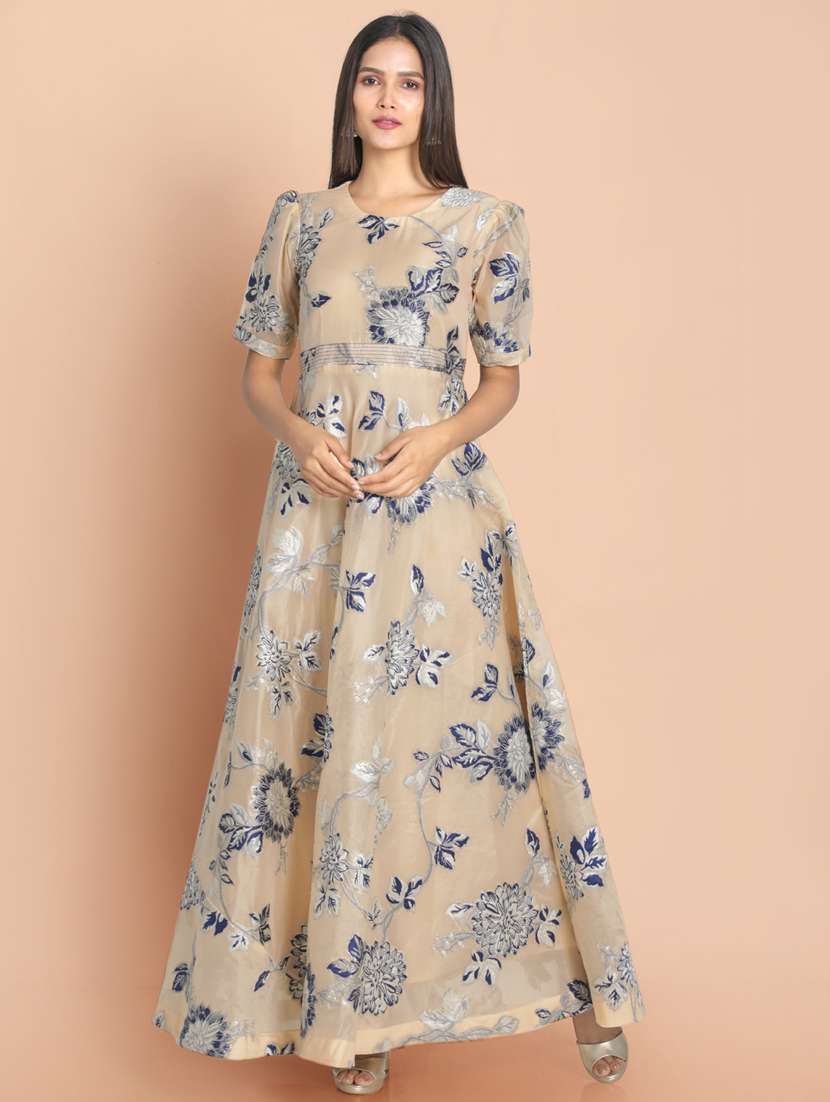 beige printed a-line gown