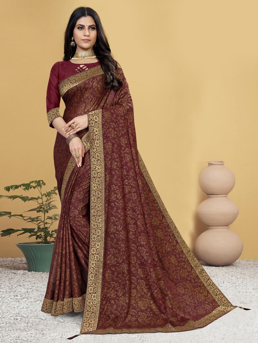 women's foil print maroon colored saree