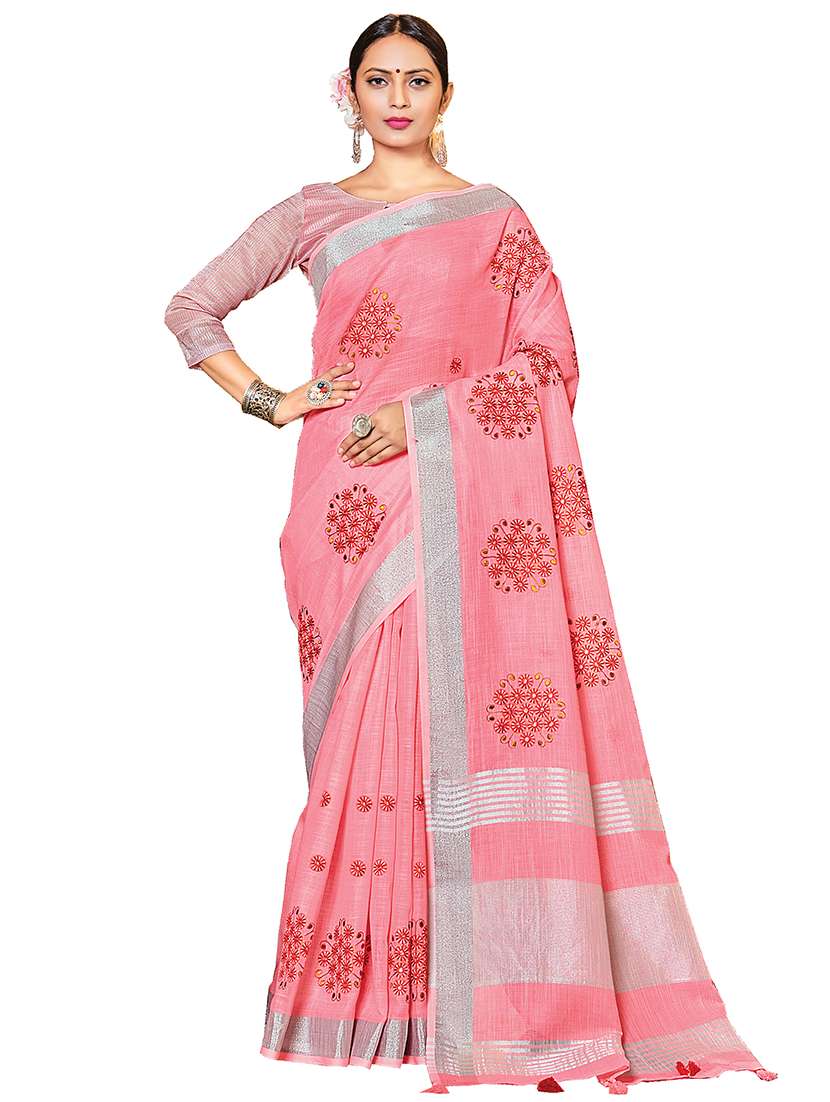 pink linen embroidered saree