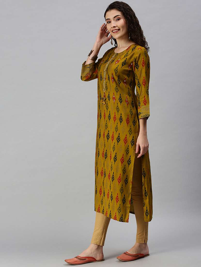 mustard silk blend straight kurta - 18292916 -  Standard Image - 1
