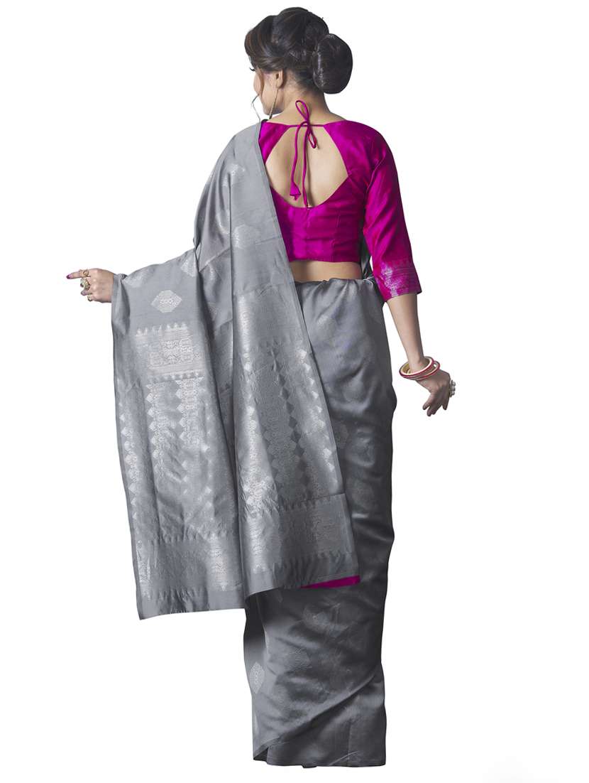 grey silk blend banarasi saree with blouse - 18293259 -  Standard Image - 1