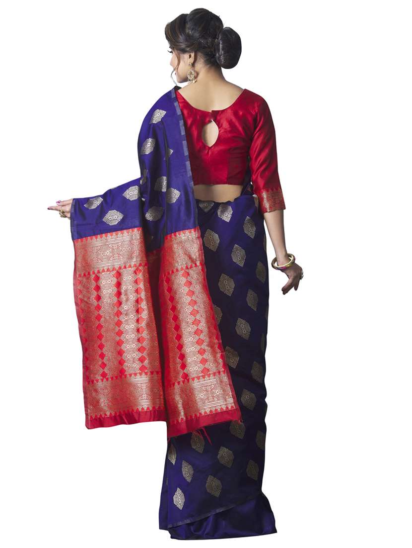 navy silk blend banarasi saree with blouse - 18293260 -  Standard Image - 1