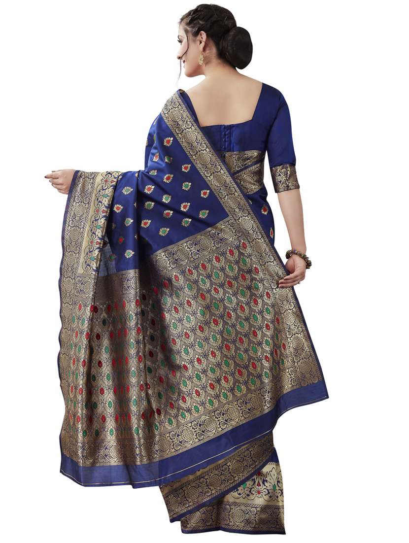 navy silk blend kanjivaram saree with blouse - 18293265 -  Standard Image - 1