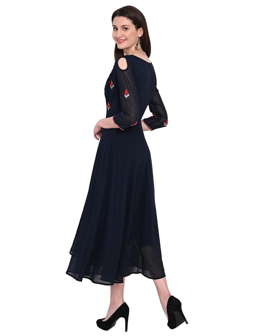 navy blue embroidered fit & flare ethnic dress - 18293593 - Standard Image - 1