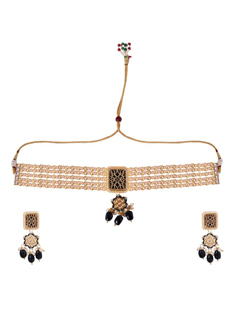  gold plated black pearl choker necklace set 