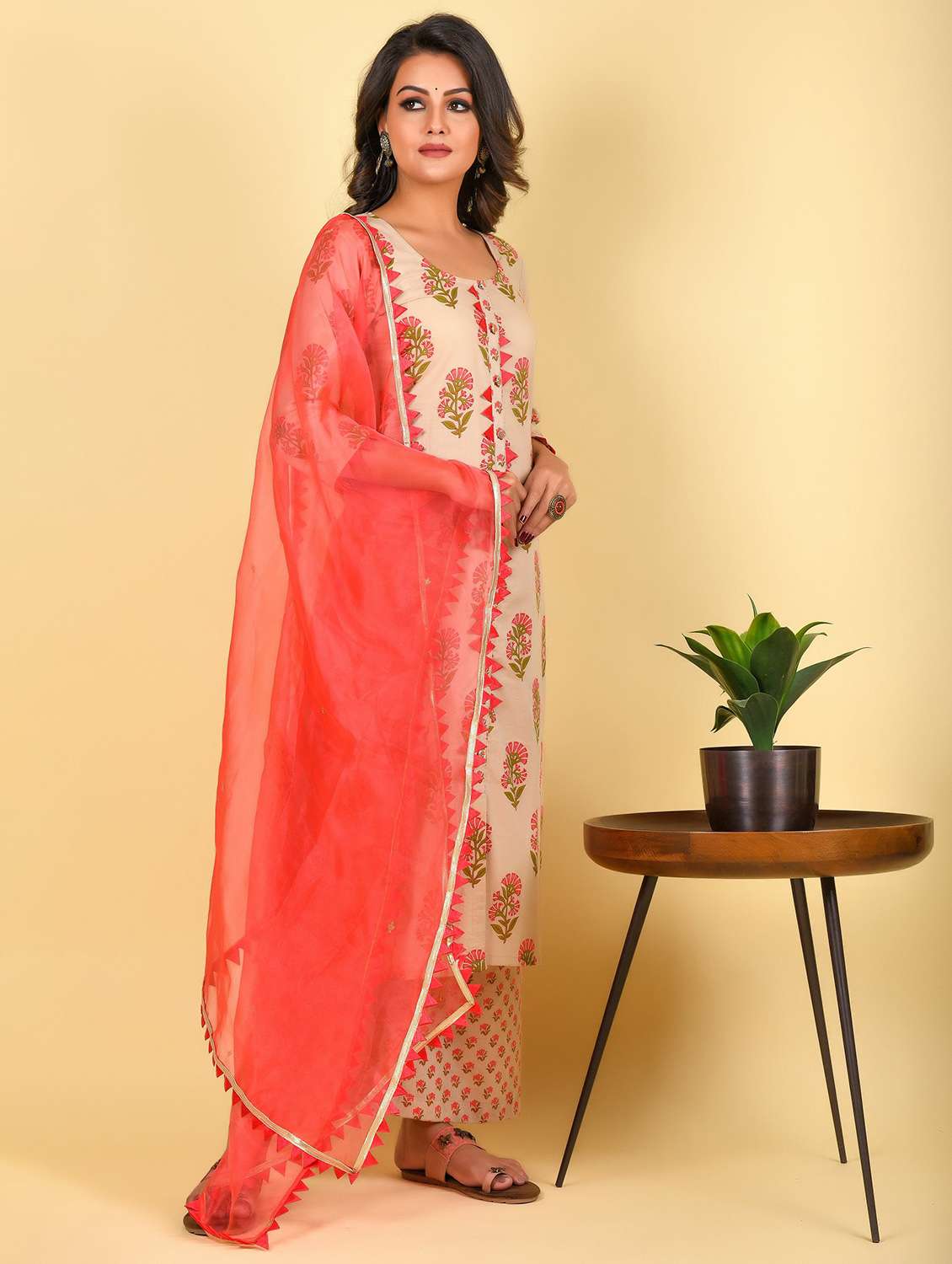 women three quarter sleeve kurta pant with dupatta set - 18294468 -  Standard Image - 1