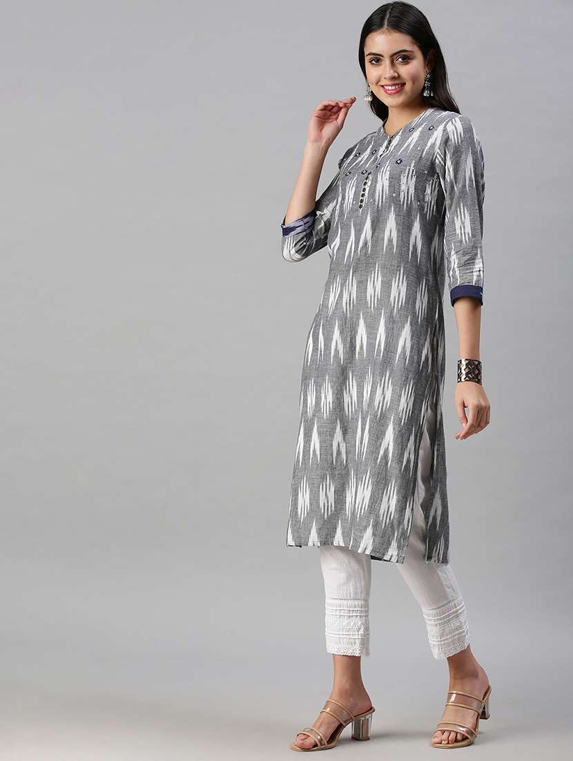 grey cotton straight kurta - 18294611 -  Standard Image - 1