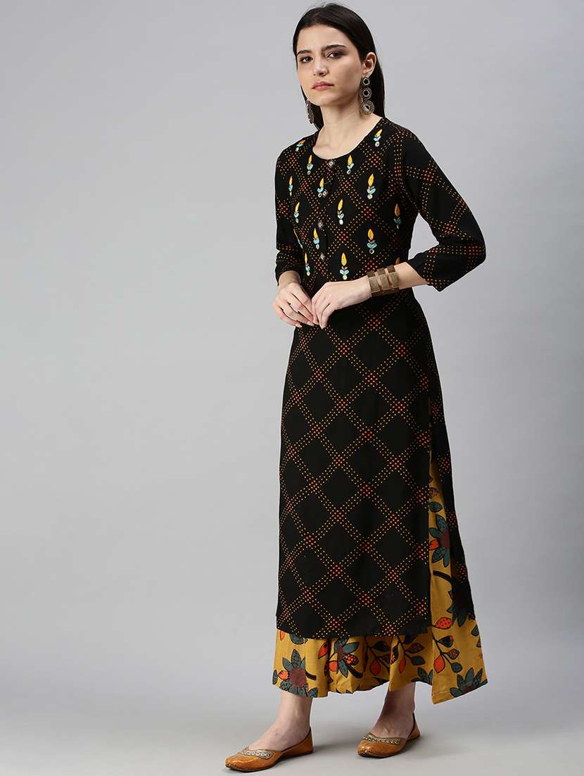 black cotton blend kurta palazzo  set - 18294904 -  Standard Image - 1