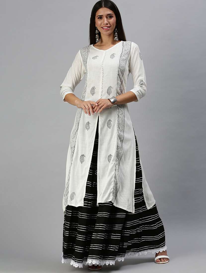 white cotton blend kurta skirt  set