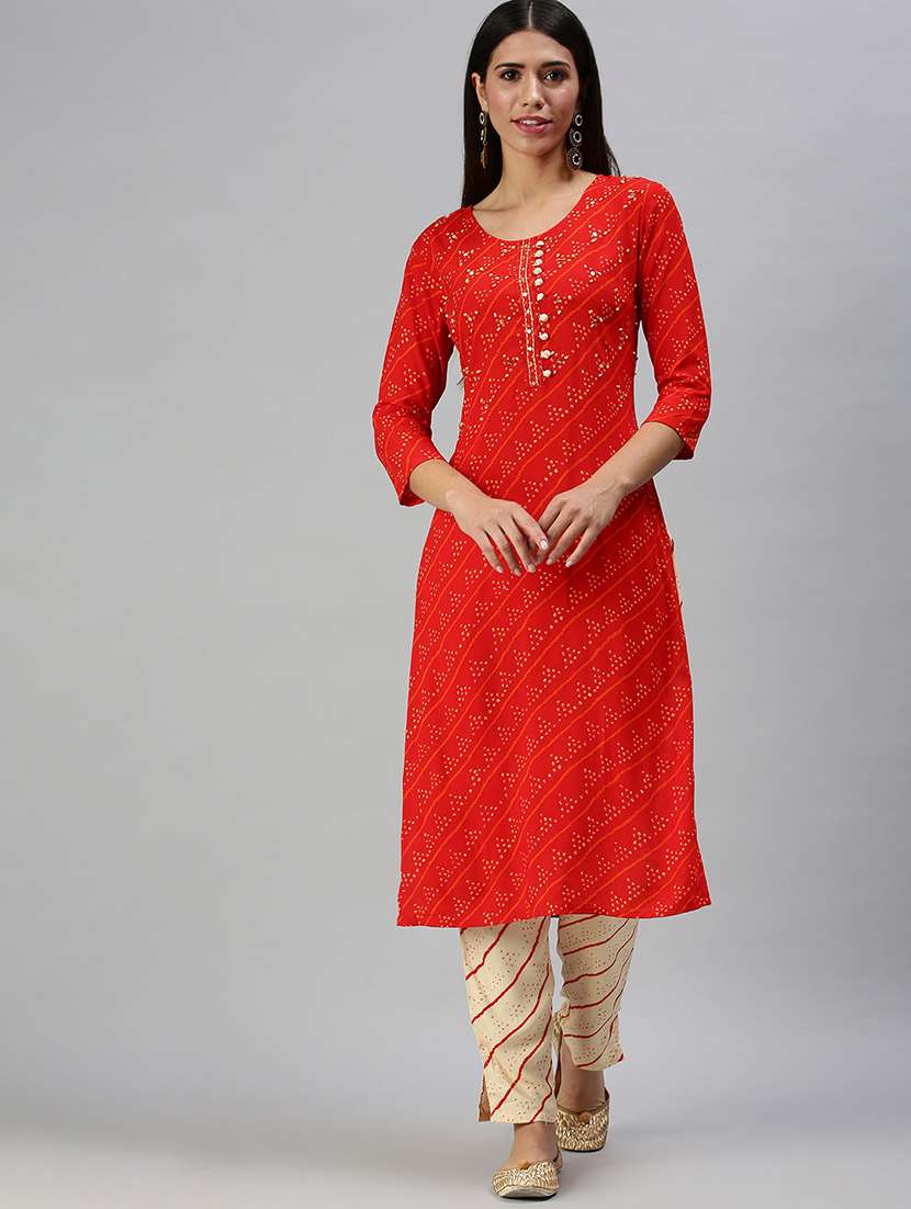 women bandhani round neck kurta pant set 