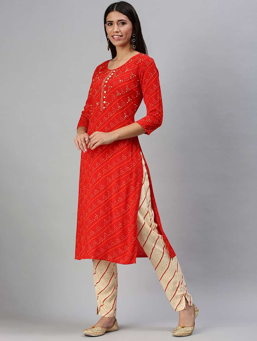 women bandhani round neck kurta pant set  - 18294916 -  Standard Image - 1